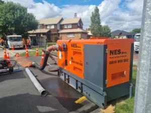 A Waste Water Bypass Overpump using NES Industrial Pump Hire & Equipment.